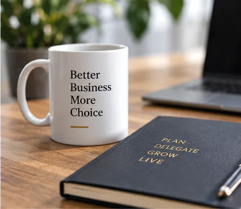 A planning notebook beside a laptop and coffee