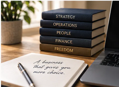 Strategy, operations, people, finance and freedom represented as connected business disciplines